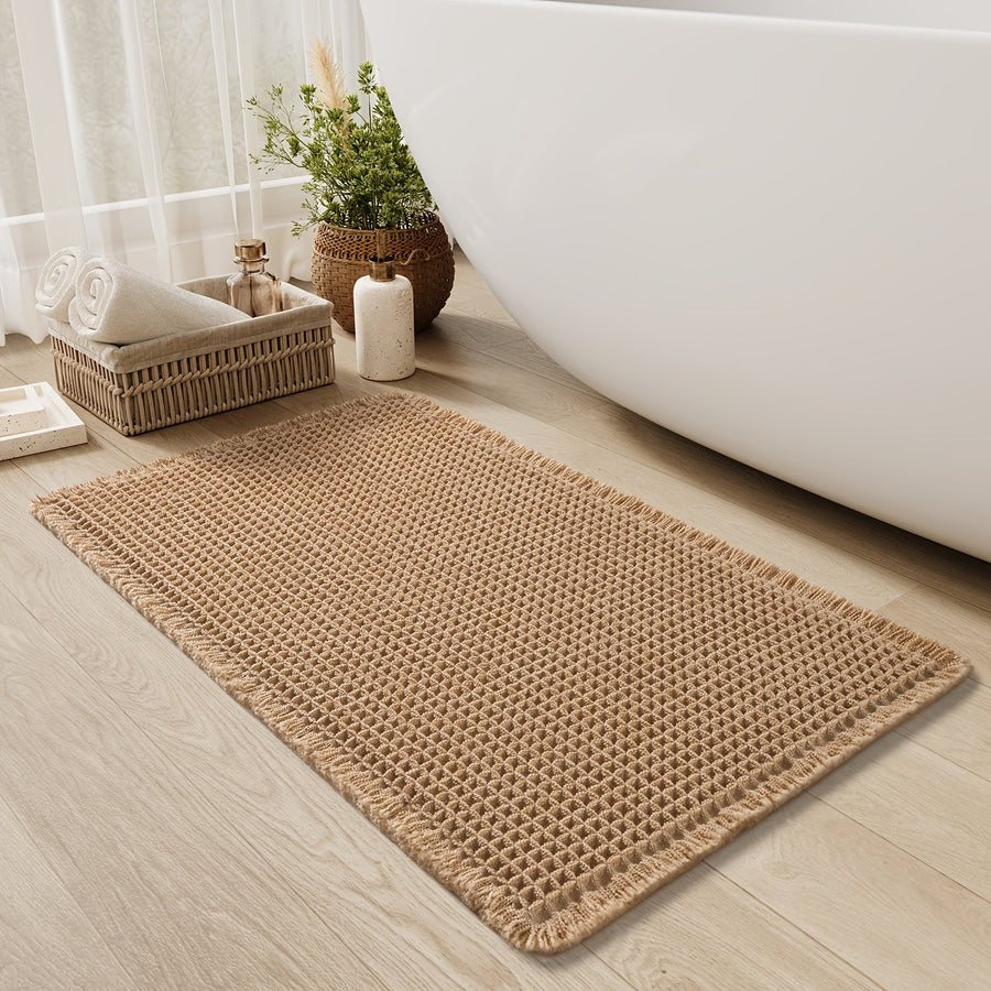 Ultra-absorbent Waffle Bath Mat with Tassels and Non-slip Backing-Bedding & Bath > Bath Mats-casanuva-43*61cm-Brown-casanuva