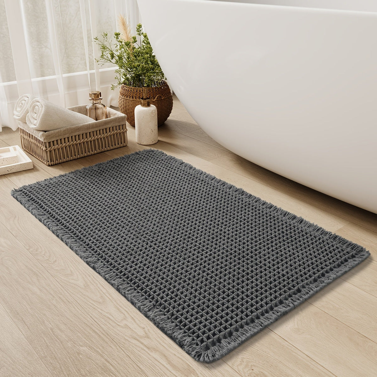 Ultra-absorbent Waffle Bath Mat with Tassels and Non-slip Backing-Bedding & Bath > Bath Mats-casanuva-43*61cm-Dark Gray-casanuva