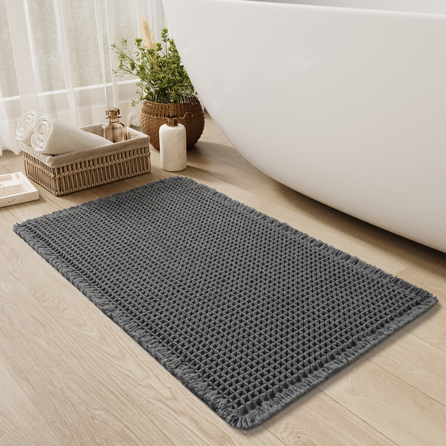 Ultra-absorbent Waffle Bath Mat with Tassels and Non-slip Backing-Bedding & Bath > Bath Mats-casanuva-43*61cm-Dark Gray-casanuva