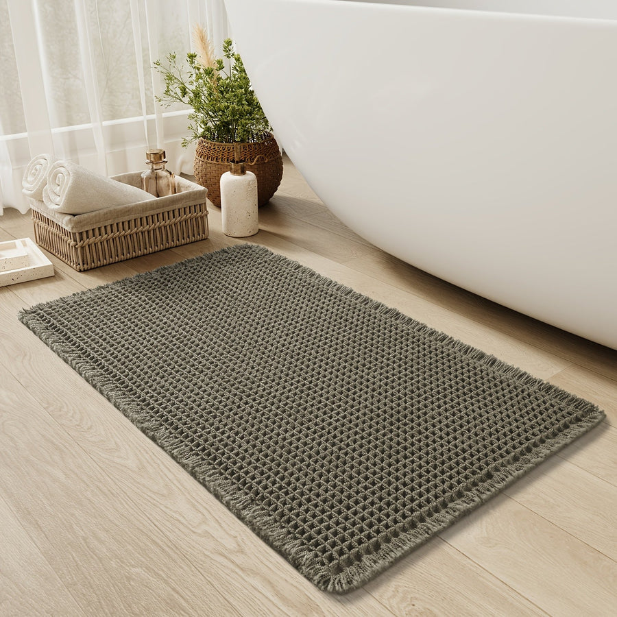 Ultra-absorbent Waffle Bath Mat with Tassels and Non-slip Backing-Bedding & Bath > Bath Mats-casanuva-43*61cm-Green-casanuva