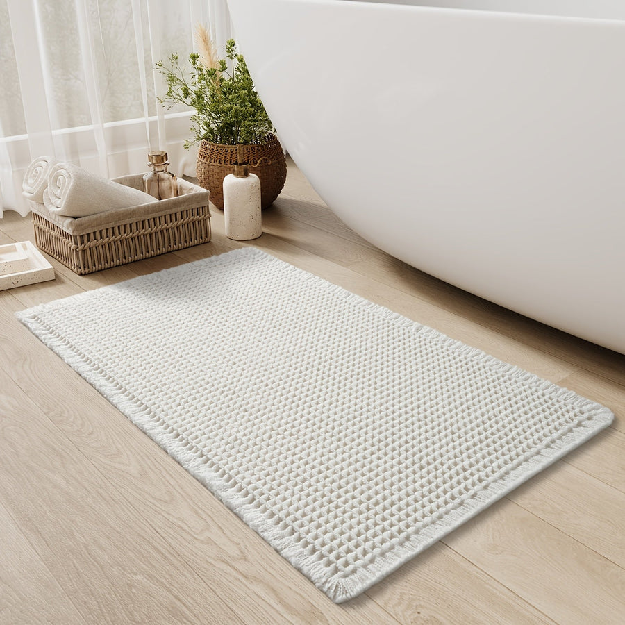 Ultra-absorbent Waffle Bath Mat with Tassels and Non-slip Backing-Bedding & Bath > Bath Mats-casanuva-43*61cm-White-casanuva