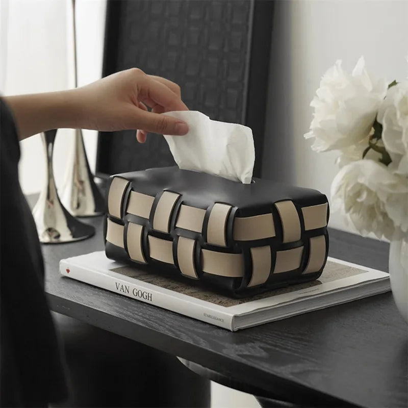 Vegan Leather Tissue Box with Woven Design-Home Decor > Decorative Accessories-casanuva-casanuva