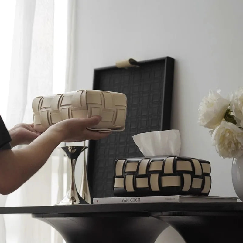 Vegan Leather Tissue Box with Woven Design-Home Decor > Decorative Accessories-casanuva-casanuva