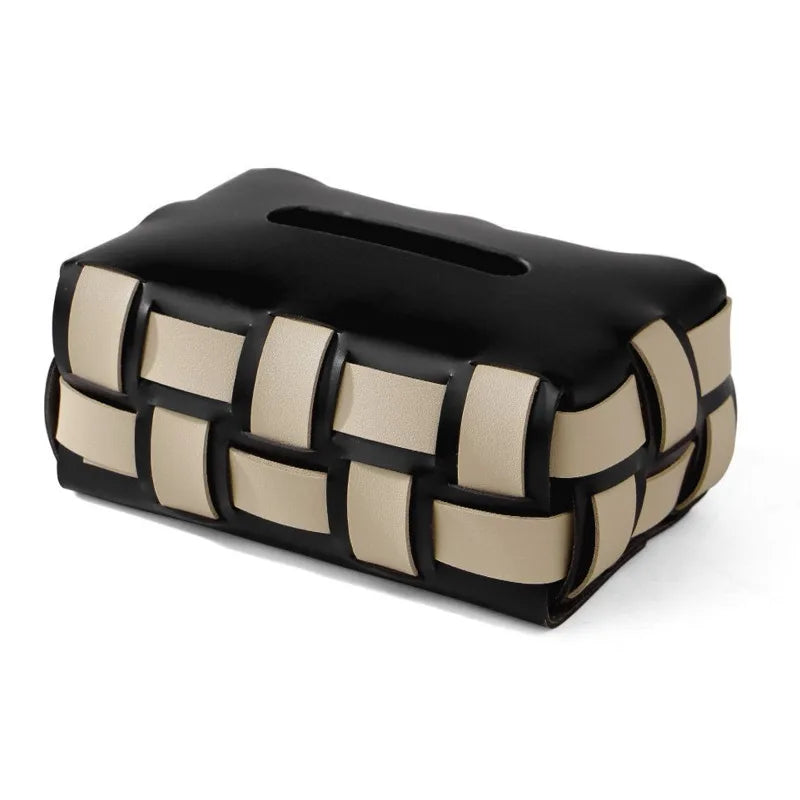 Vegan Leather Tissue Box with Woven Design-Home Decor > Decorative Accessories-casanuva-Black-casanuva