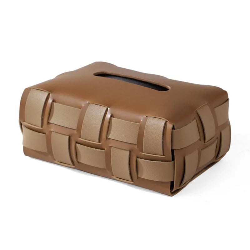 Vegan Leather Tissue Box with Woven Design-Home Decor > Decorative Accessories-casanuva-Brown-casanuva