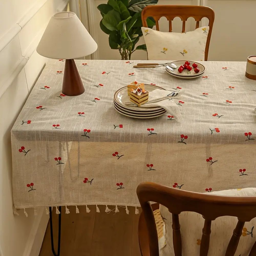 Vintage Red Cherry Tablecloth with Tassels-Covers & Textiles > Table Cloths-casanuva-casanuva
