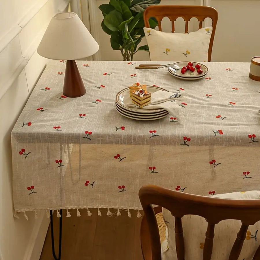 Vintage Red Cherry Tablecloth with Tassels-Covers & Textiles > Table Cloths-casanuva-casanuva