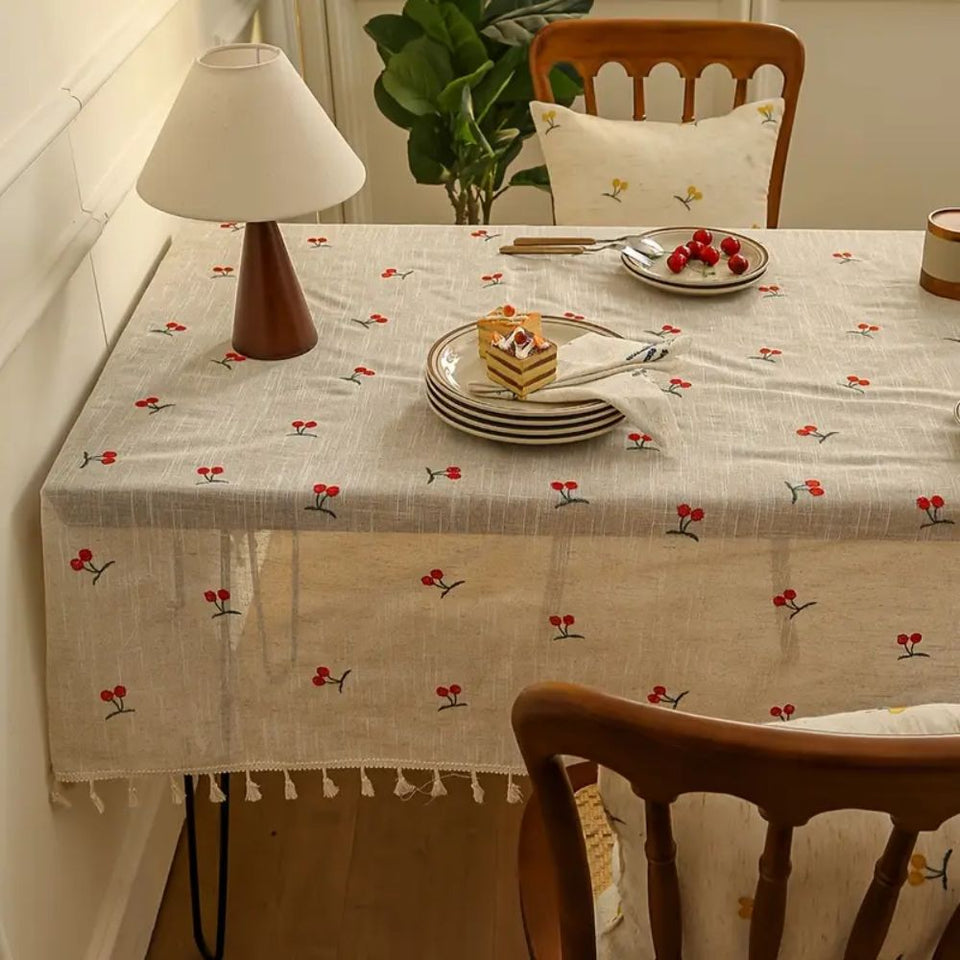 Vintage Red Cherry Tablecloth with Tassels-Covers & Textiles > Table Cloths-casanuva-casanuva