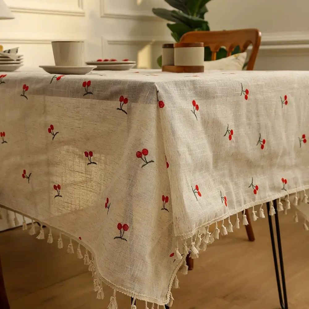 Vintage Red Cherry Tablecloth with Tassels-Covers & Textiles > Table Cloths-casanuva-casanuva