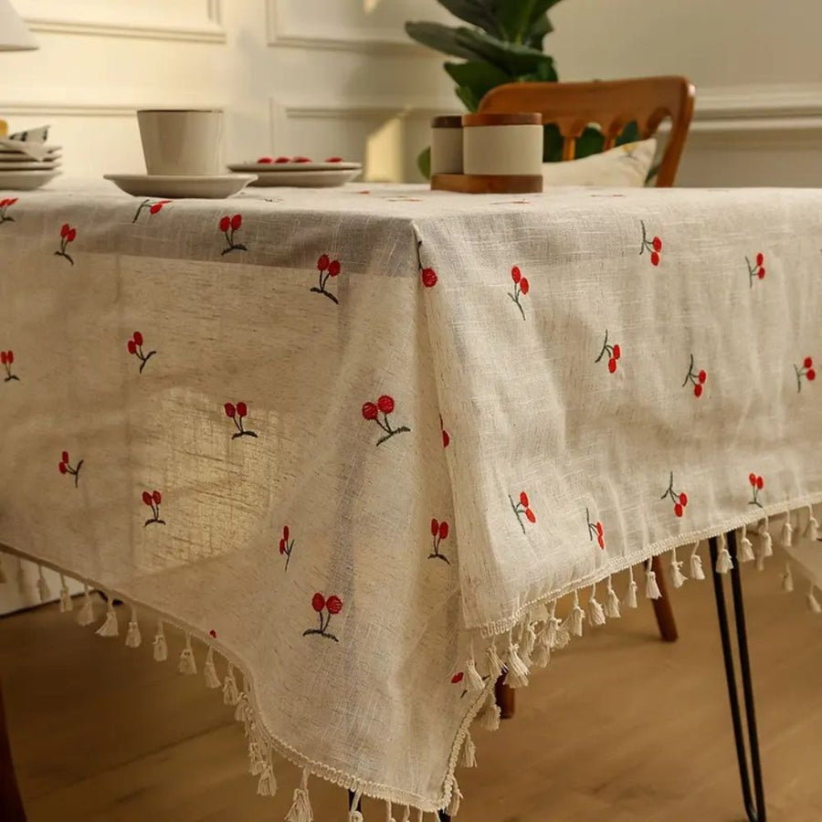 Vintage Red Cherry Tablecloth with Tassels-Covers & Textiles > Table Cloths-casanuva-casanuva