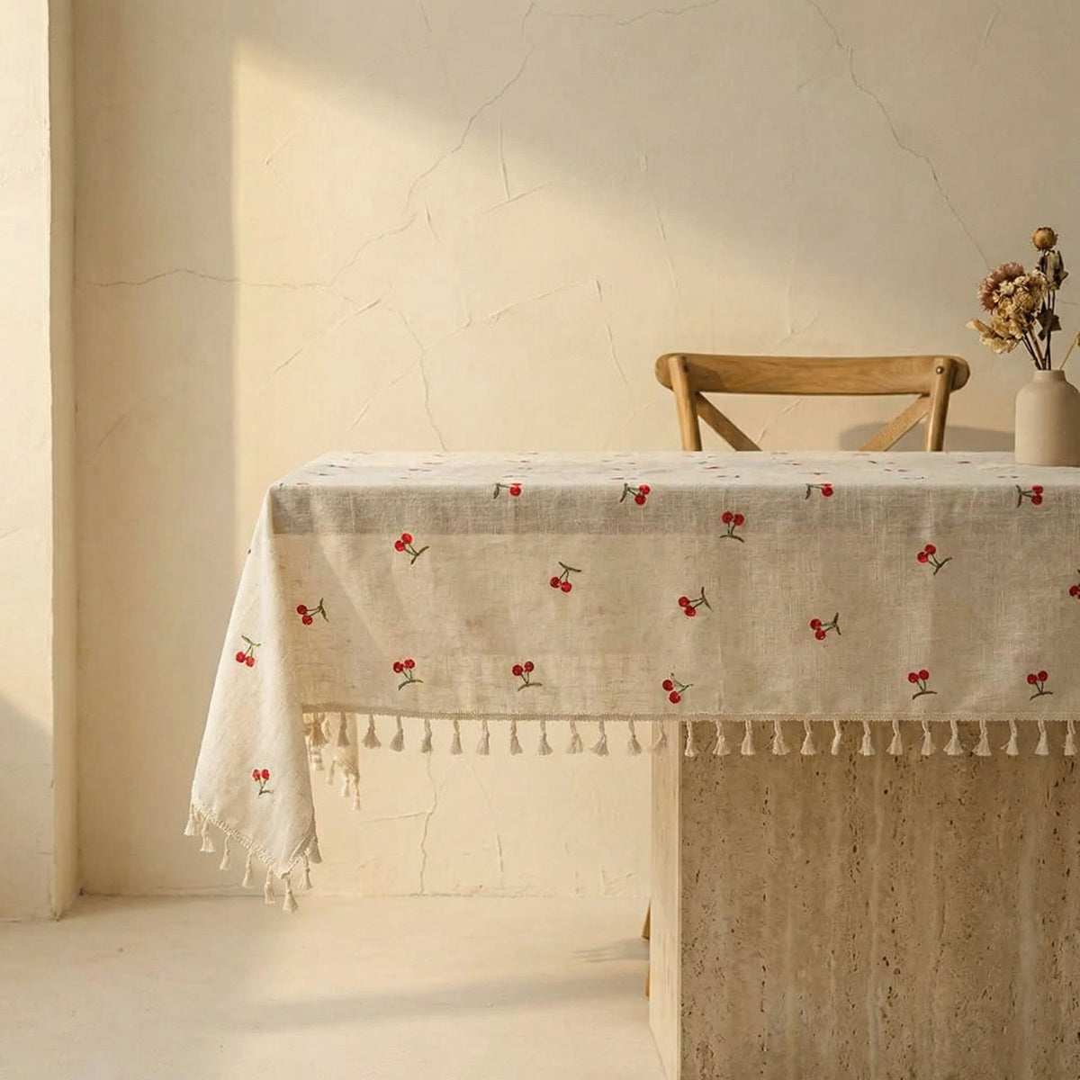 Vintage Red Cherry Tablecloth with Tassels-Covers & Textiles > Table Cloths-casanuva-casanuva