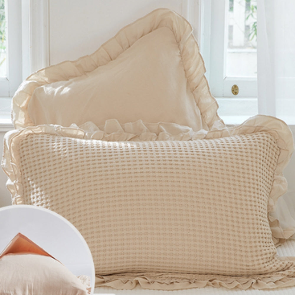 Waffle Weave Cotton Pillowcases with Ruffle Set of 2-Bedding & Bath > Pillowcases-casanuva-Beige-23"x31"-casanuva