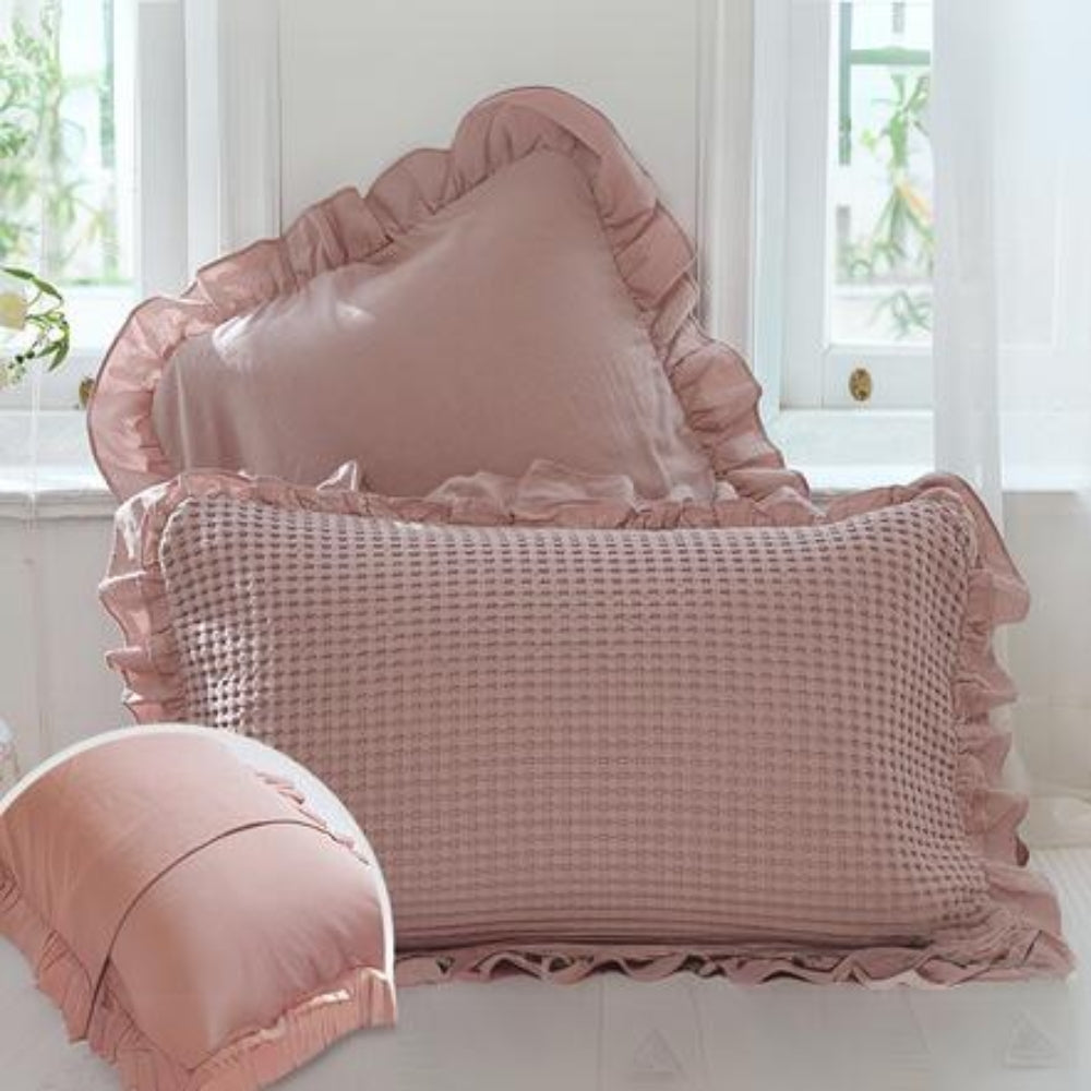 Waffle Weave Cotton Pillowcases with Ruffle Set of 2-Bedding & Bath > Pillowcases-casanuva-Deep Pink-23"x31"-casanuva