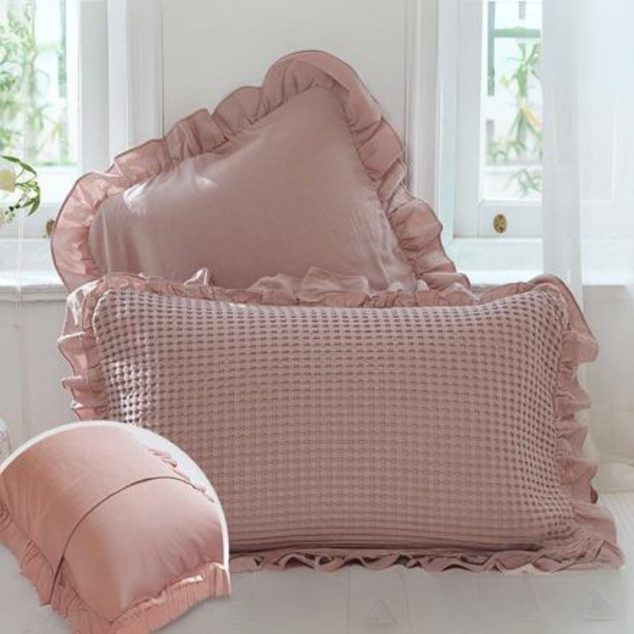Waffle Weave Cotton Pillowcases with Ruffle Set of 2-Bedding & Bath > Pillowcases-casanuva-Deep Pink-23"x31"-casanuva