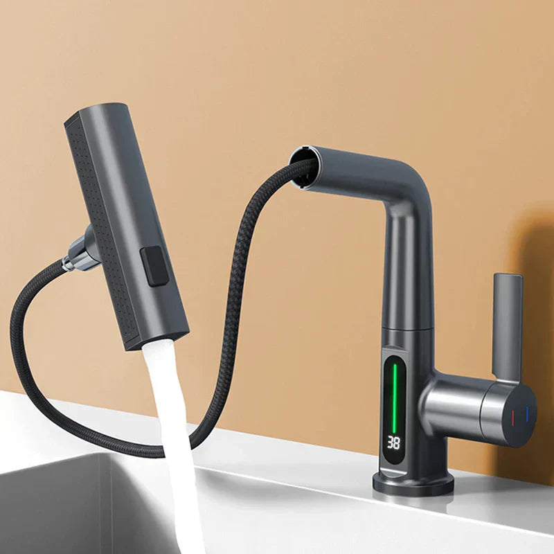Waterfall Faucet with Pull-Out Spray Head and Digital Temperature Display-Kitchen & Dining > Kitchen Faucets-casanuva-casanuva