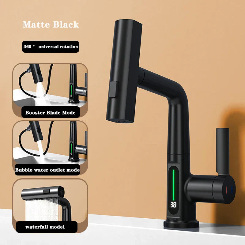 Waterfall Faucet with Pull-Out Spray Head and Digital Temperature Display-Kitchen & Dining > Kitchen Faucets-casanuva-Matte Black-casanuva