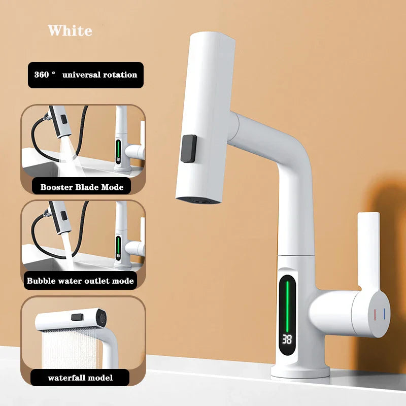 Waterfall Faucet with Pull-Out Spray Head and Digital Temperature Display-Kitchen & Dining > Kitchen Faucets-casanuva-White-casanuva