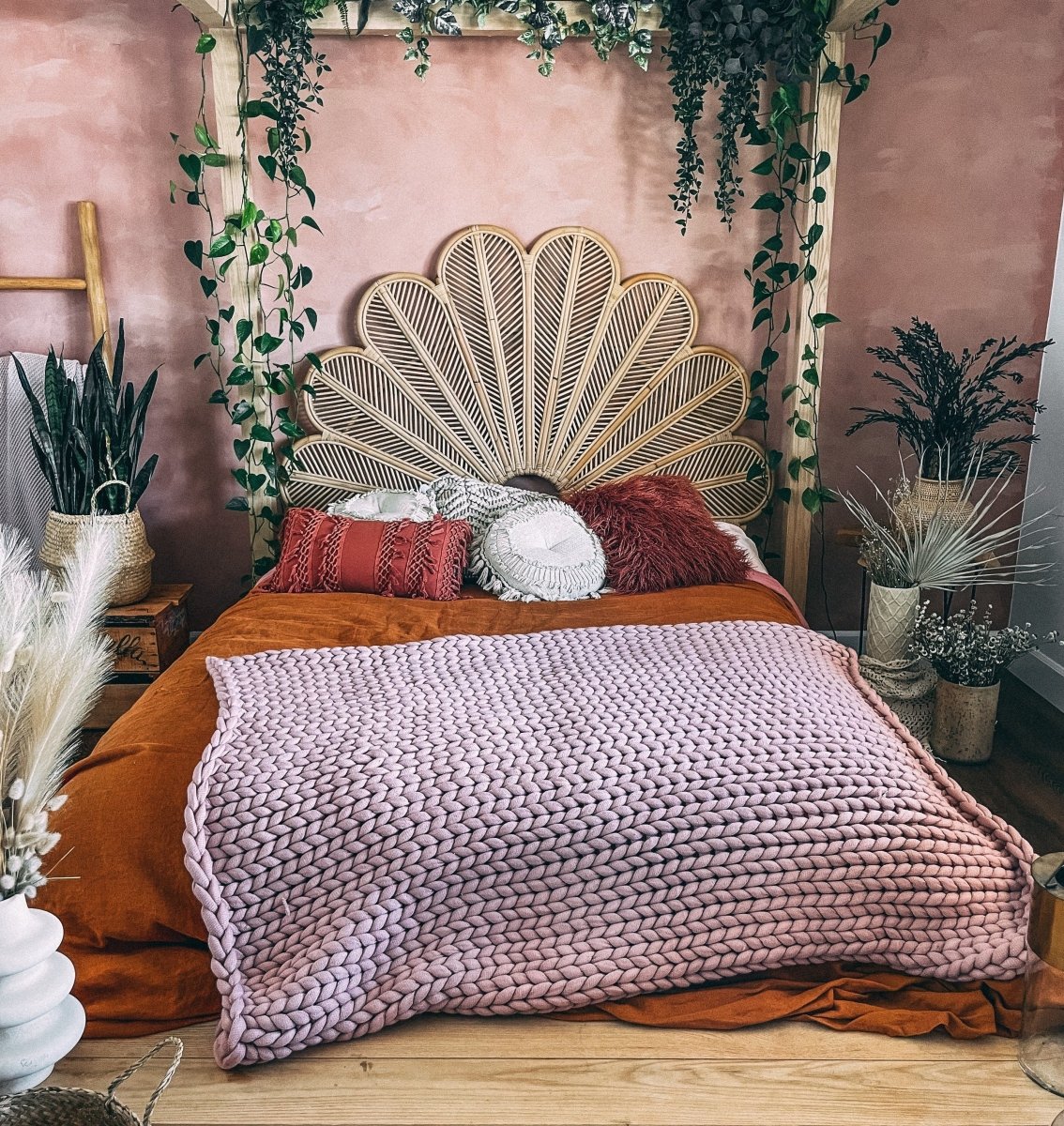 Wicker Headboard with Floral Pattern Handmade Woven Design-Furniture > Headboards-casanuva-casanuva