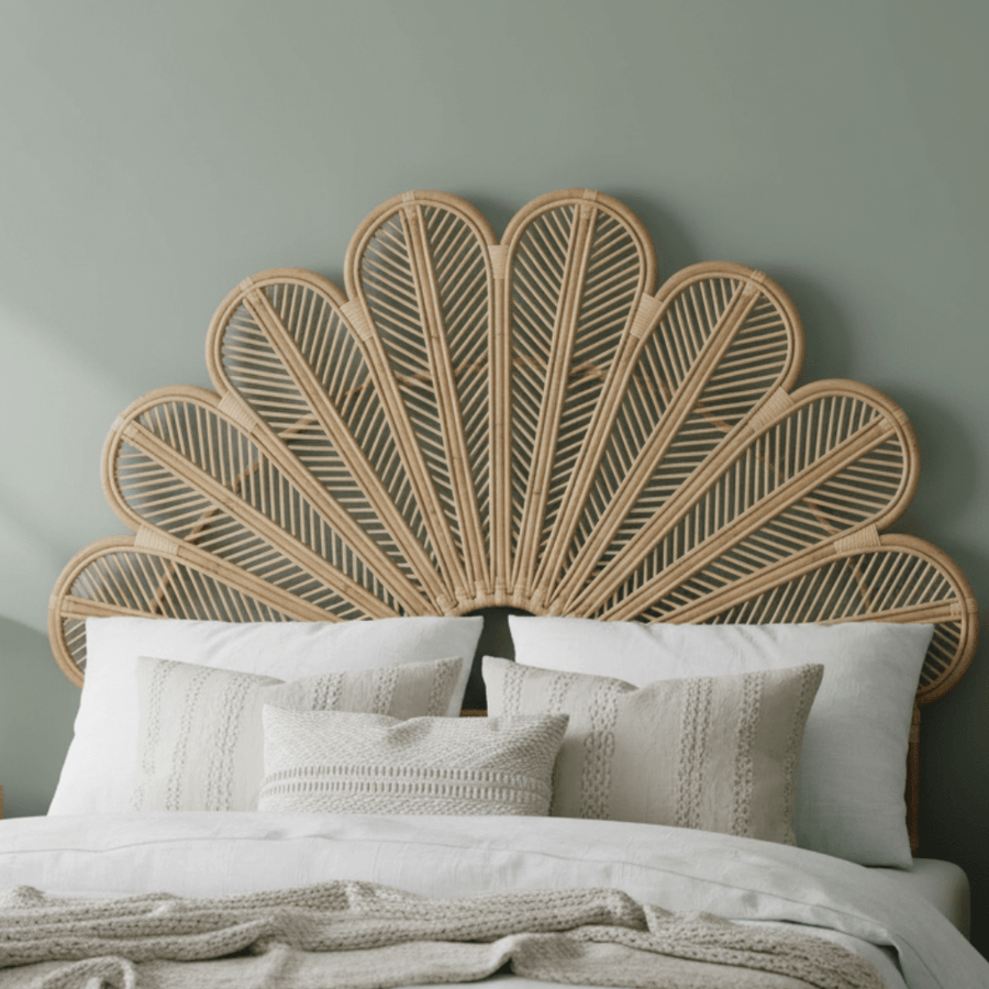 Wicker Headboard with Floral Pattern Handmade Woven Design-Furniture > Headboards-casanuva-Natural Wood-casanuva