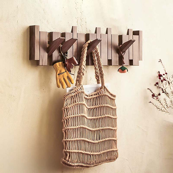 Wood Wall Hook Rack with Foldable Hooks Natural Finish-Home Decor > Decorative Accessories-casanuva-casanuva