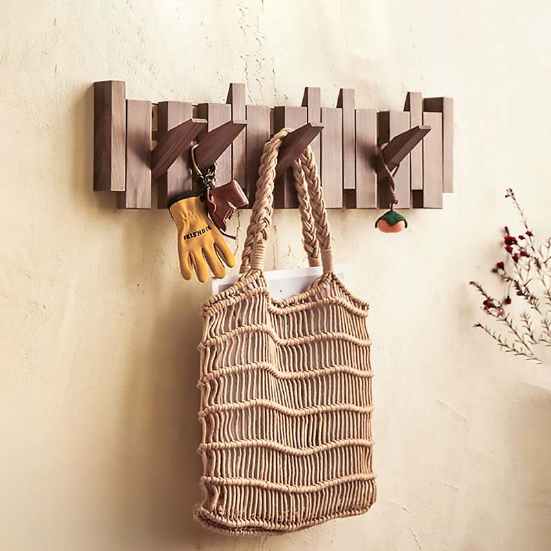 Wood Wall Hook Rack with Foldable Hooks Natural Finish-Home Decor > Decorative Accessories-casanuva-casanuva