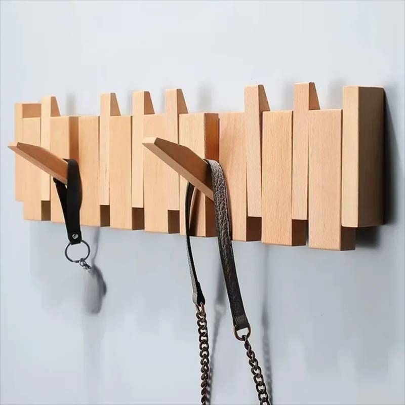 Wood Wall Hook Rack with Foldable Hooks Natural Finish-Home Decor > Decorative Accessories-casanuva-casanuva
