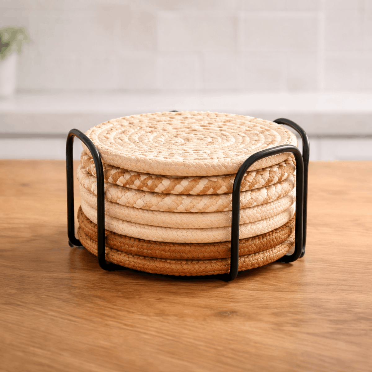 Woven Round Coasters Set of 7 with Holder for Glasses-Kitchen & Dining > Coasters-casanuva-Brown-casanuva