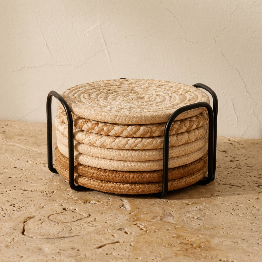 Woven Round Coasters Set of 7 with Holder for Glasses-Kitchen & Dining > Coasters-casanuva-casanuva
