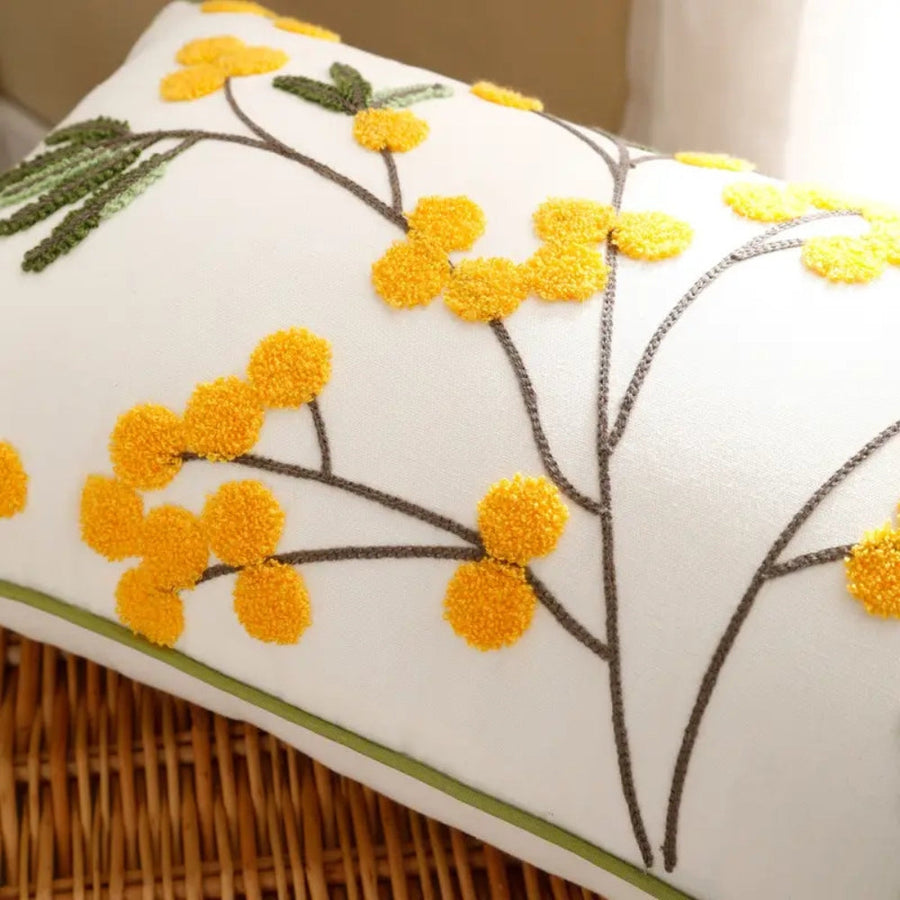 Yellow Floral Embroidery Cushion Cover-Covers & Textiles > Cushion Covers-casanuva-casanuva