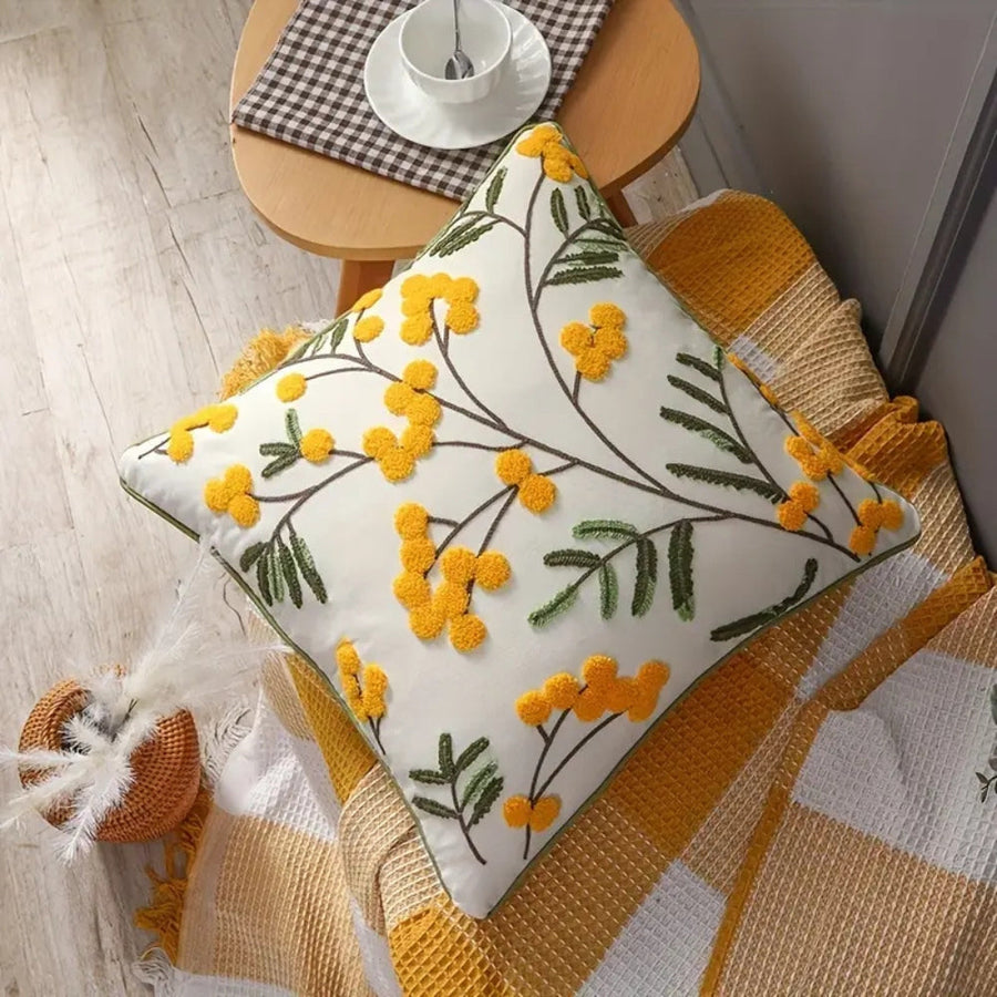 Yellow Floral Embroidery Cushion Cover-Covers & Textiles > Cushion Covers-casanuva-casanuva