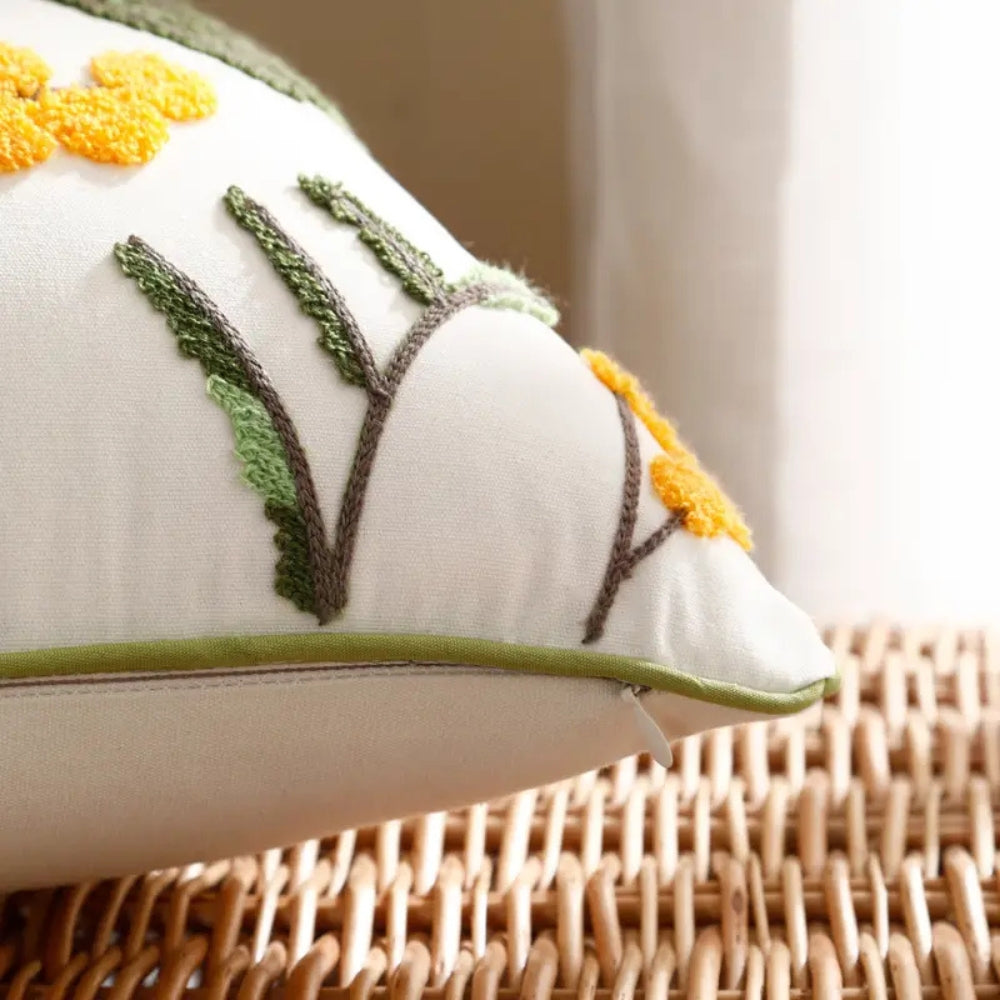 Yellow Floral Embroidery Cushion Cover-Covers & Textiles > Cushion Covers-casanuva-casanuva