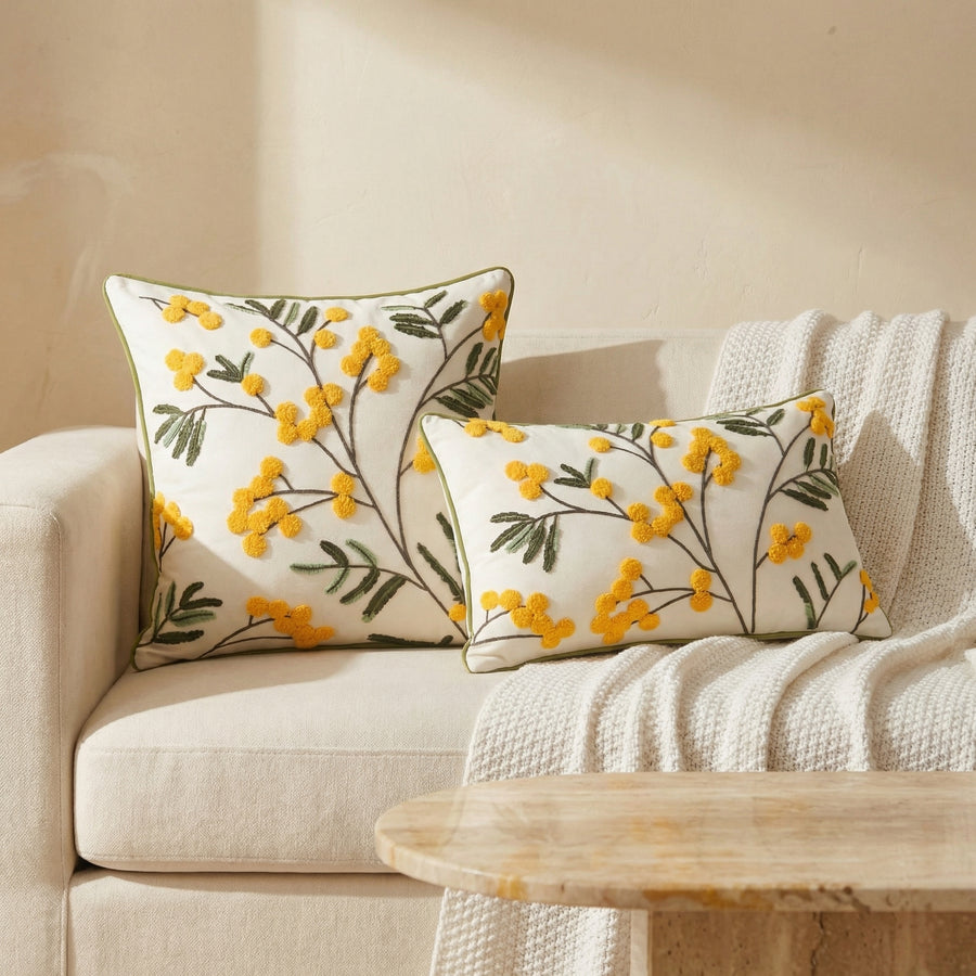 Yellow Floral Embroidery Cushion Cover-Covers & Textiles > Cushion Covers-casanuva-casanuva
